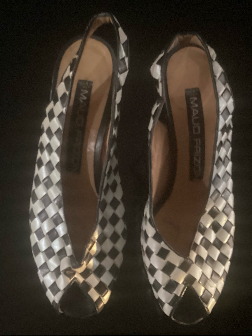 MAUD FRIZON Black & White Woven Peep-Toe Slingback Heels